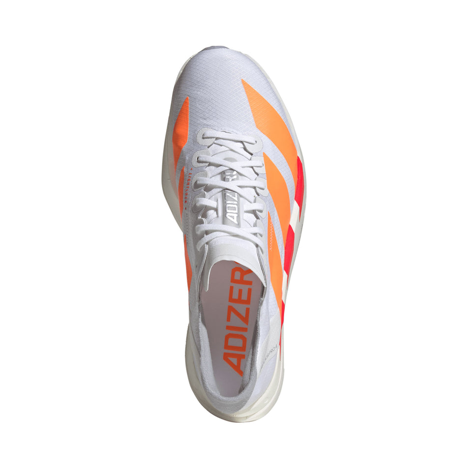 The upper of the right shoe from a pair of adidas Men's Adizero Adios Pro 4 Running Shoes in the Ftwr White/Lucid Orange/Lucid Red colourway.