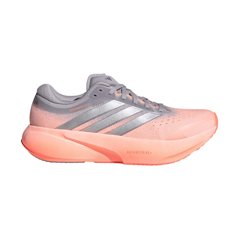 Lateral view of the right shoe from a pair of adidas Women's Supernova Rise 3 Running Shoes in the Clear Orange/Silver met./Glory Grey colourway.