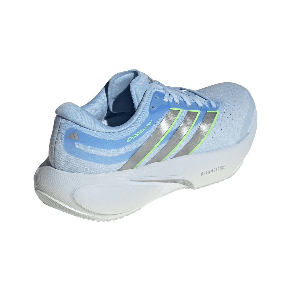 Lateral view of the right shoe from a pair of adidas Women's Supernova Solution 3 Running Shoes in the Crystal Sky/Silver met./Lime Burst colourway.