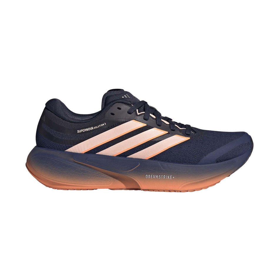 Lateral view of the right shoe from a pair of adidas Women's Supernova Solution 3 Running Shoes in the Dark Blue/Clear Orange/Beam Orange colourway.