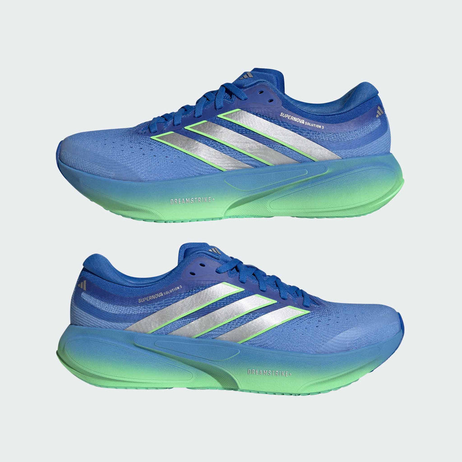 A pair of adidas Men's Supernova Solution 3 Running Shoes in the Lucky Blue/Silver met./Lime Burst colourway.