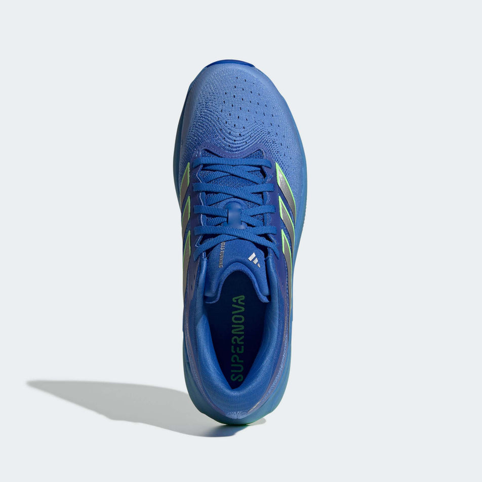 The upper of the right shoe from a pair of adidas Men's Supernova Solution 3 Running Shoes in the Lucky Blue/Silver met./Lime Burst colourway.