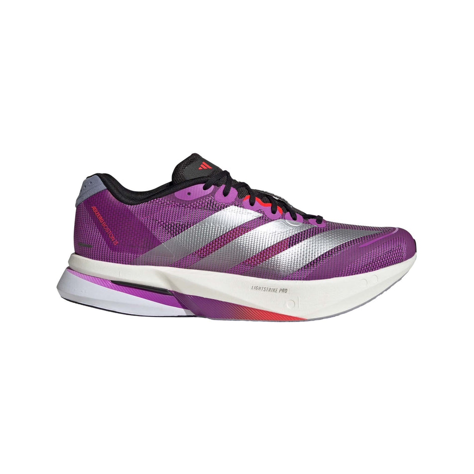 Lateral view of the right shoe from a pair of adidas Men's Adizero Boston 13 Running Shoes in the Purple Burst/Silver Met./Lucid Red colourway. (8745960833186)
