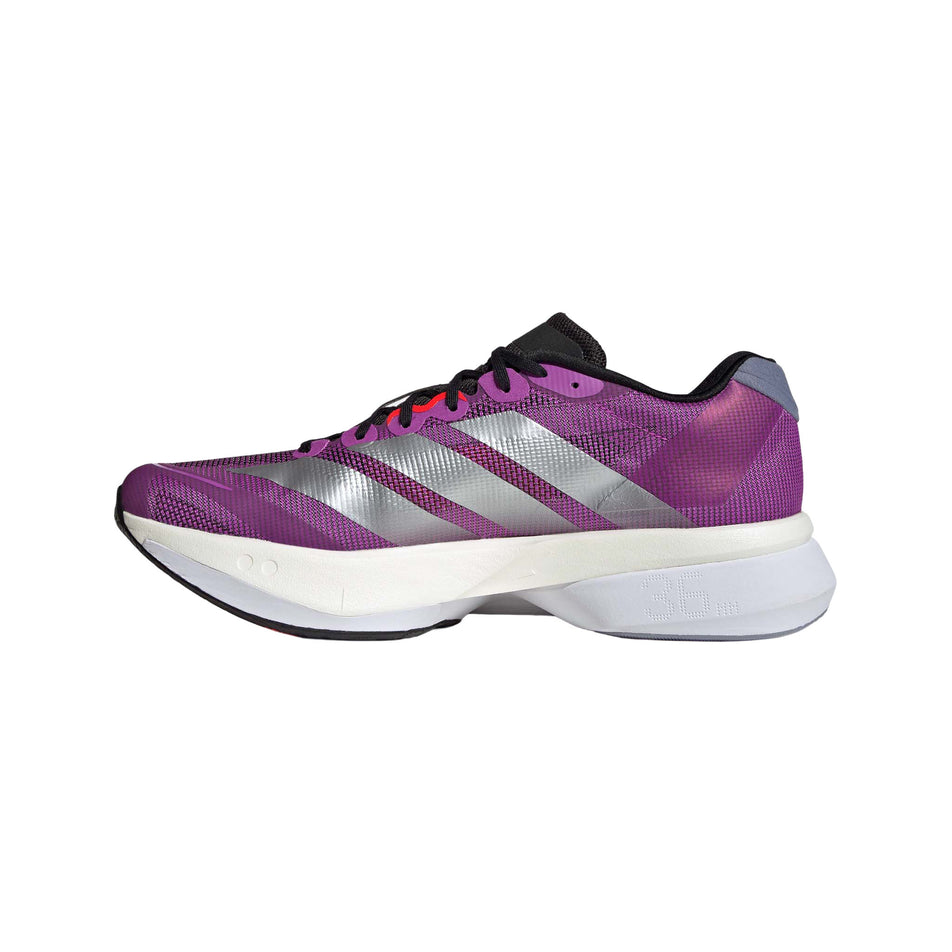 Medial view of the right shoe from a pair of adidas Men's Adizero Boston 13 Running Shoes in the Purple Burst/Silver Met./Lucid Red colourway. (8745960833186)