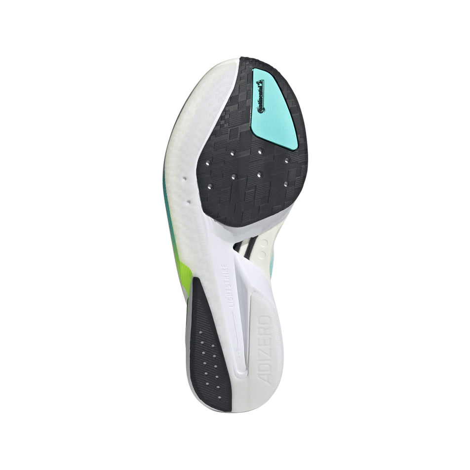 The outsole of the right shoe from a pair of adidas Men's Adizero Boston 13 Running Shoes in the Flash Aqua/Ftwr White/Lucid Lemon colourway. (8662519120034)