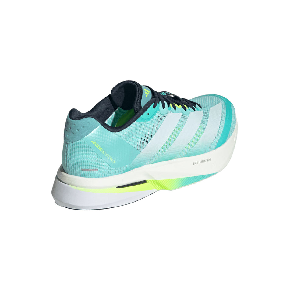 Lateral view of the right shoe from a pair of adidas Men's Adizero Boston 13 Running Shoes in the Flash Aqua/Ftwr White/Lucid Lemon colourway. (8662519120034)