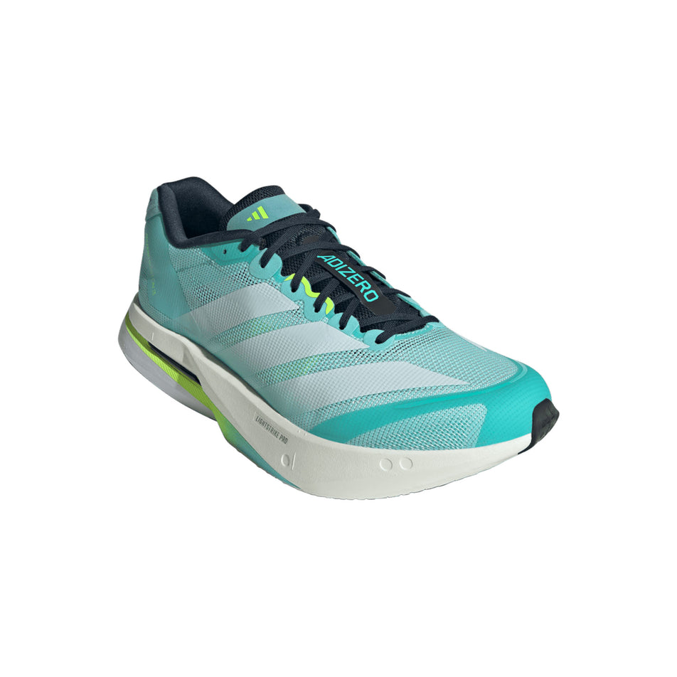 Lateral view of the right shoe from a pair of adidas Men's Adizero Boston 13 Running Shoes in the Flash Aqua/Ftwr White/Lucid Lemon colourway. (8662519120034)