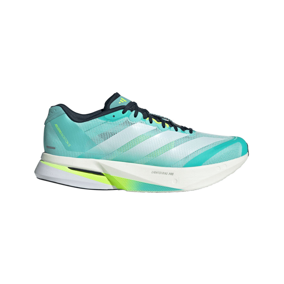 Lateral view of the right shoe from a pair of adidas Men's Adizero Boston 13 Running Shoes in the Flash Aqua/Ftwr White/Lucid Lemon colourway. (8662519120034)