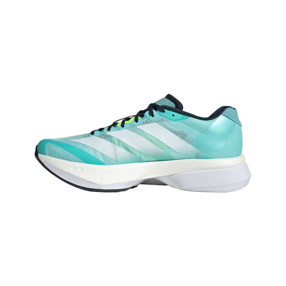 Medial view of the right shoe from a pair of adidas Men's Adizero Boston 13 Running Shoes in the Flash Aqua/Ftwr White/Lucid Lemon colourway. (8662519120034)