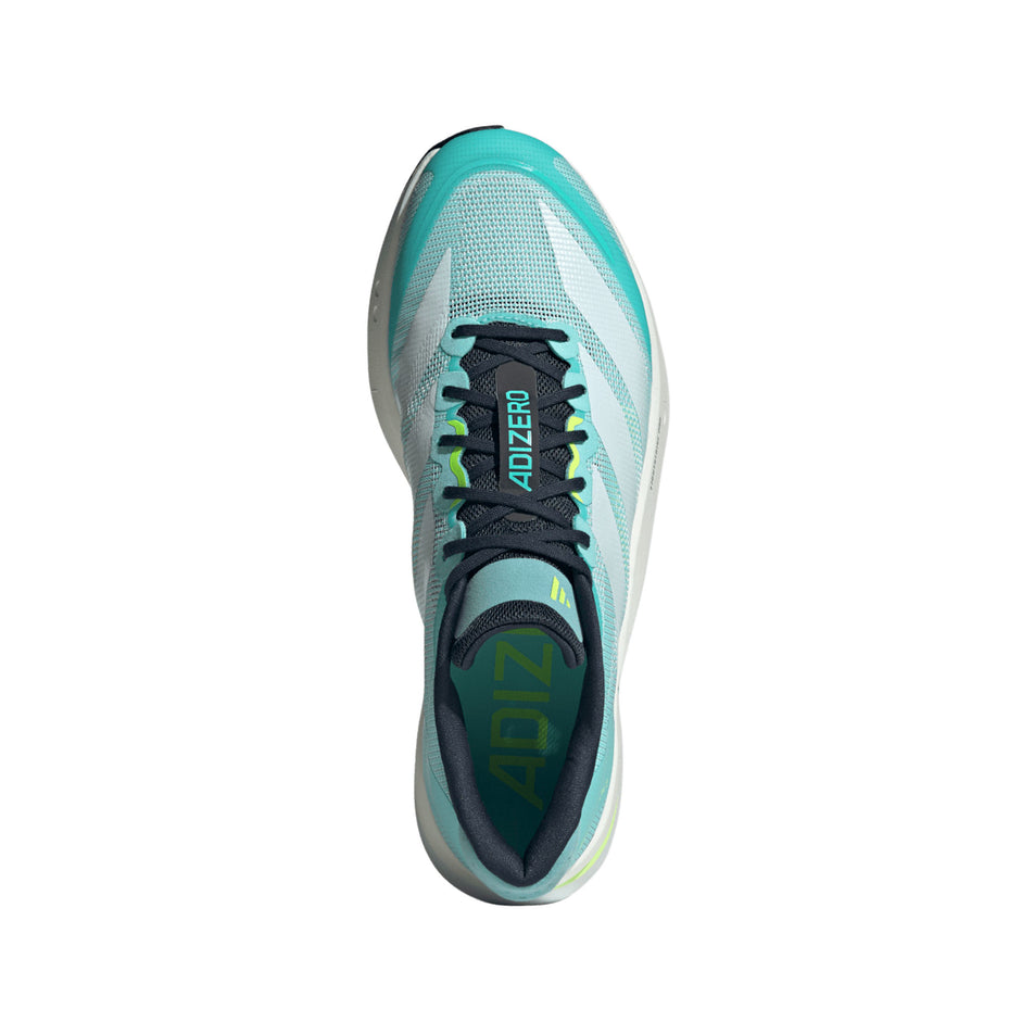 The upper of the right shoe from a pair of adidas Men's Adizero Boston 13 Running Shoes in the Flash Aqua/Ftwr White/Lucid Lemon colourway. (8662519120034)