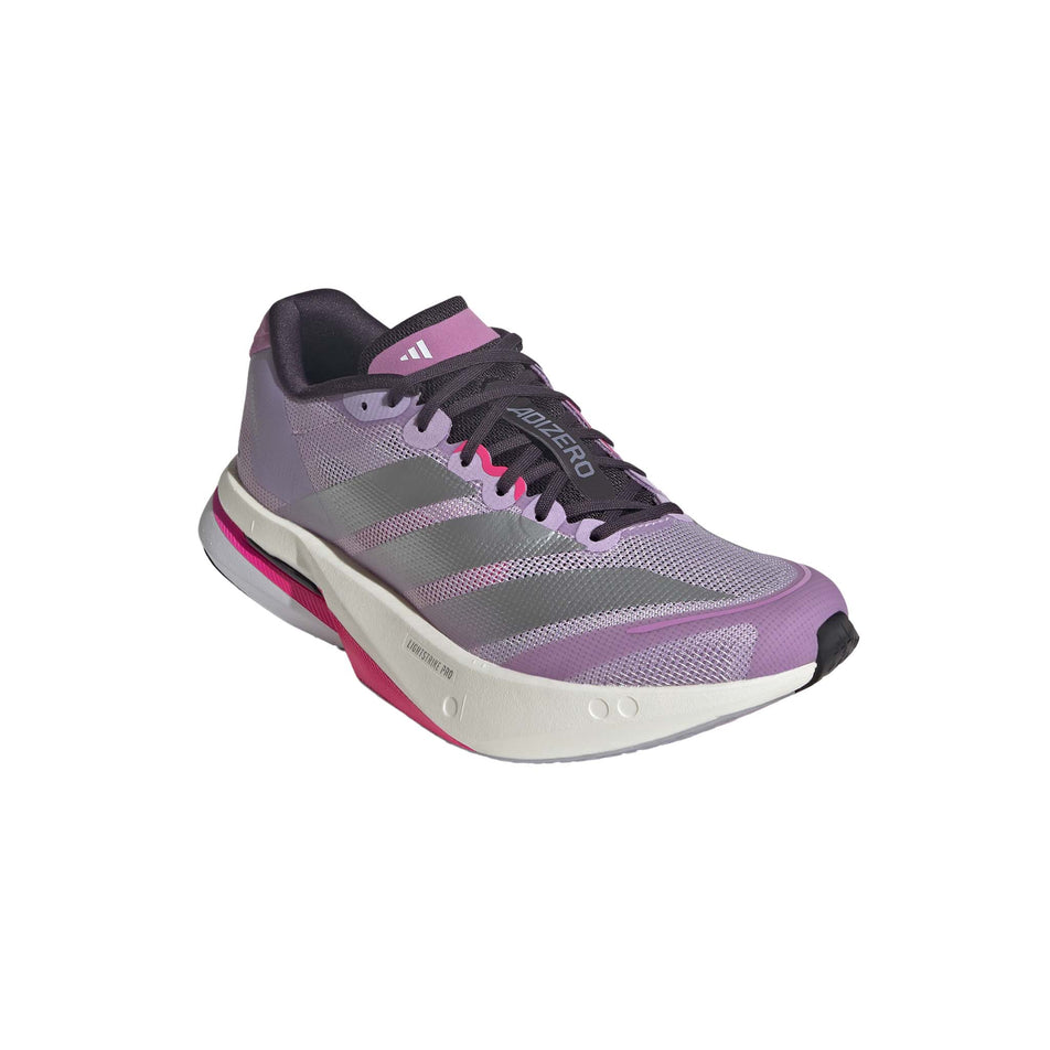 The right shoe from a pair of adidas Women's Adizero Boston 13 Running Shoes in the Powder Plum/Silver Met./Shock Pink colourway. (8746001498274)