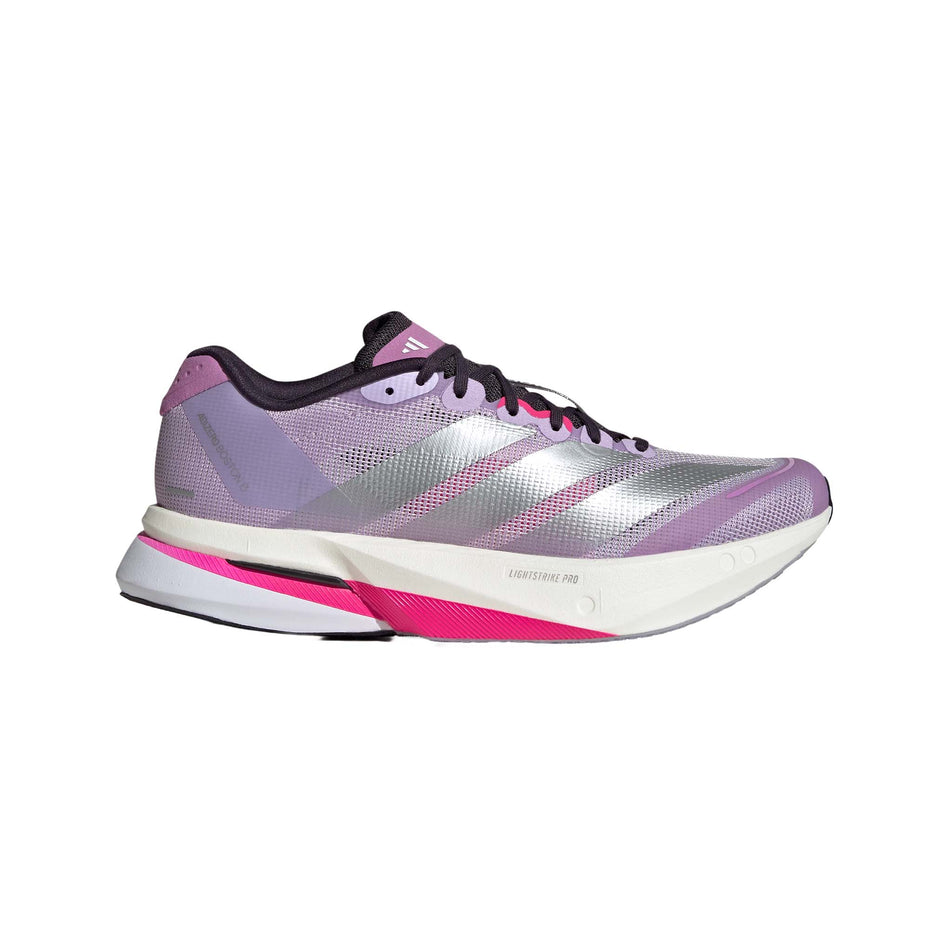 Lateral view of the right shoe from a pair of adidas Women's Adizero Boston 13 Running Shoes in the Powder Plum/Silver Met./Shock Pink colourway. (8746001498274)