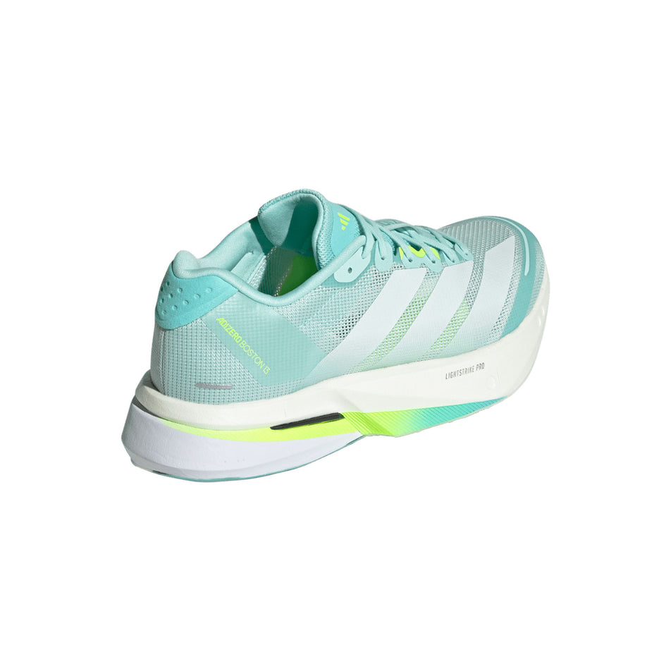 Lateral view of the right shoe from a pair of adidas Women's Adizero Boston 13 Running Shoes in the Semi Flash Aqua/Zero Met./Lucid Lemon colourway. (8662573187234)
