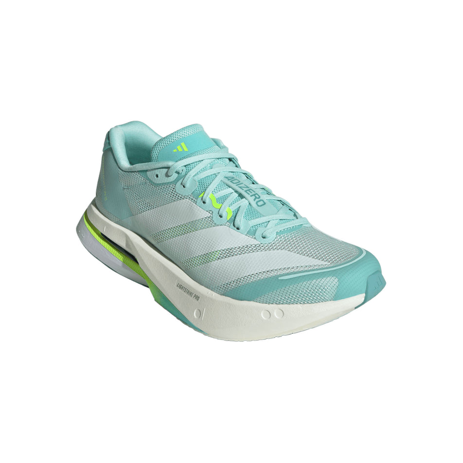 Lateral view of the right shoe from a pair of adidas Women's Adizero Boston 13 Running Shoes in the Semi Flash Aqua/Zero Met./Lucid Lemon colourway. (8662573187234)