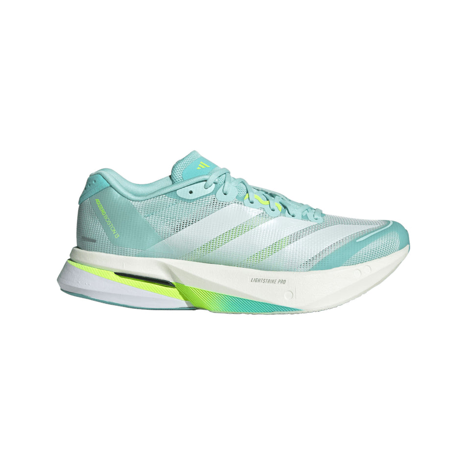 Lateral view of the right shoe from a pair of adidas Women's Adizero Boston 13 Running Shoes in the Semi Flash Aqua/Zero Met./Lucid Lemon colourway. (8662573187234)