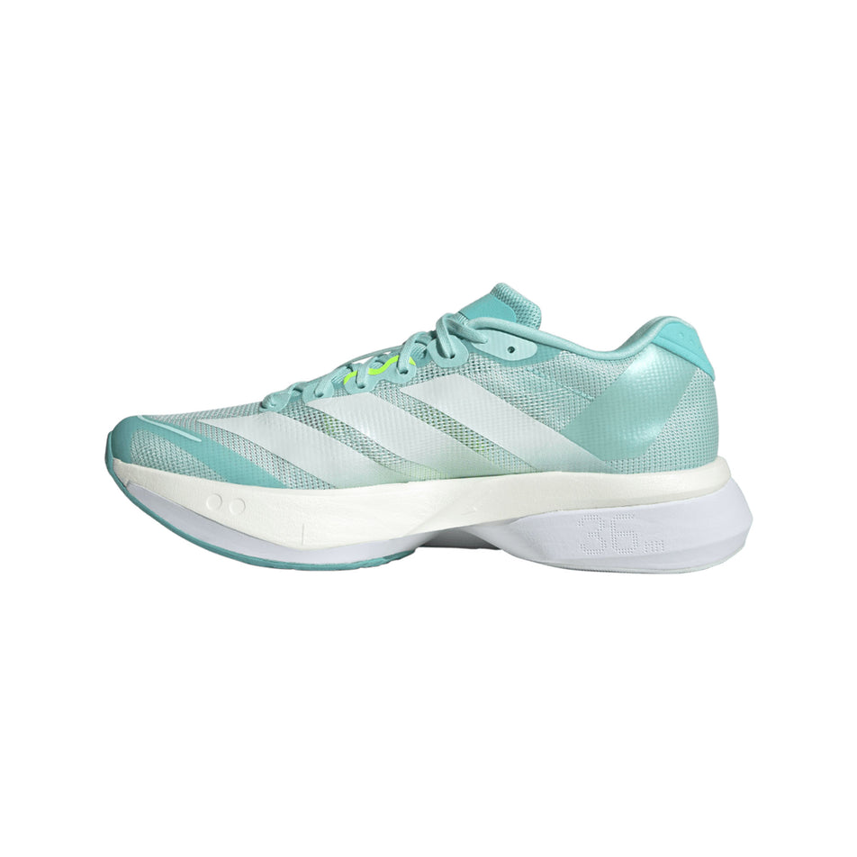 Medial view of the right shoe from a pair of adidas Women's Adizero Boston 13 Running Shoes in the Semi Flash Aqua/Zero Met./Lucid Lemon colourway. (8662573187234)