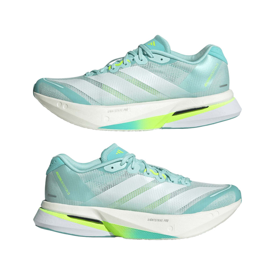 A pair of adidas Women's Adizero Boston 13 Running Shoes in the Semi Flash Aqua/Zero Met./Lucid Lemon colourway. (8662573187234)