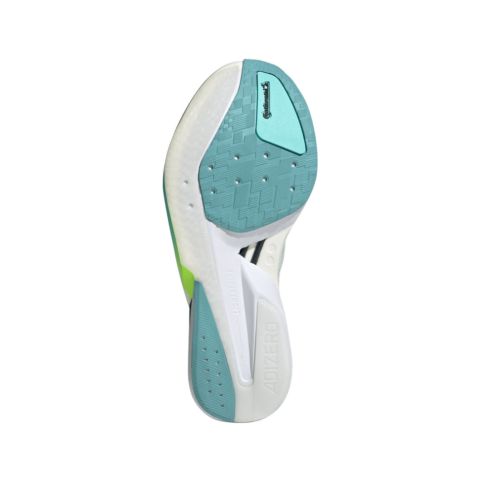 The outsole of the right shoe from a pair of adidas Women's Adizero Boston 13 Running Shoes in the Semi Flash Aqua/Zero Met./Lucid Lemon colourway. (8662573187234)