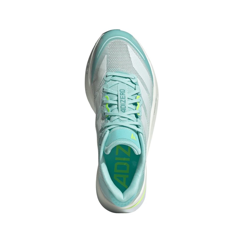 The upper of the right shoe from a pair of adidas Women's Adizero Boston 13 Running Shoes in the Semi Flash Aqua/Zero Met./Lucid Lemon colourway. (8662573187234)