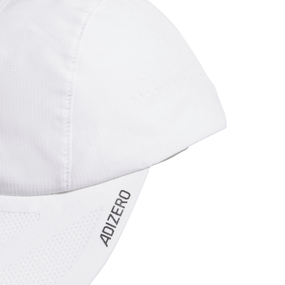 The Adizero branding on the adidas Unisex Run x Adizero Cap in the White/Black Reflective colourway. (8679845789858)