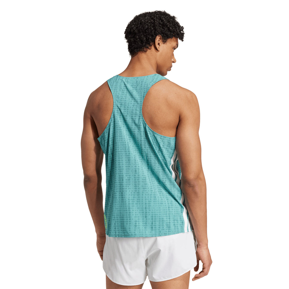 Back view of a model wearing the adidas Men's Adizero Singlet in the Powder Teal/Preloved Teal colourway. (8663045603490)