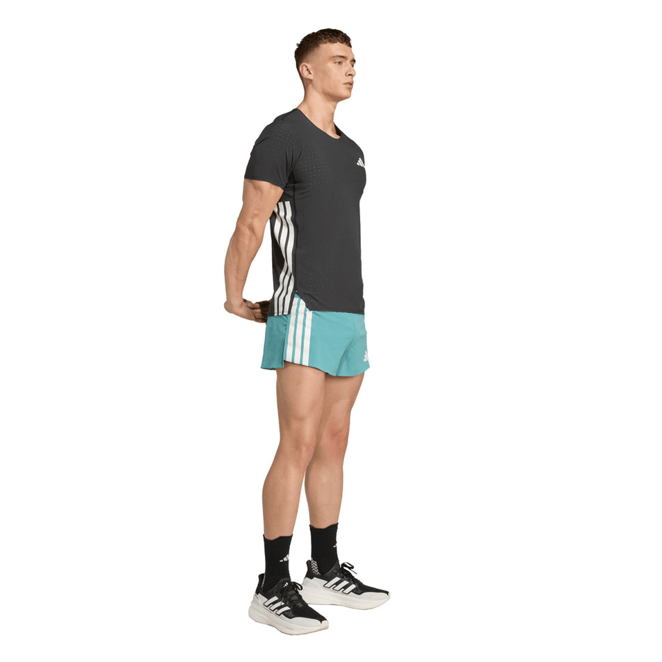 Front view of a model wearing the adidas Men's Adizero Gel Short in the Powder Teal colourway. (8663030333602)