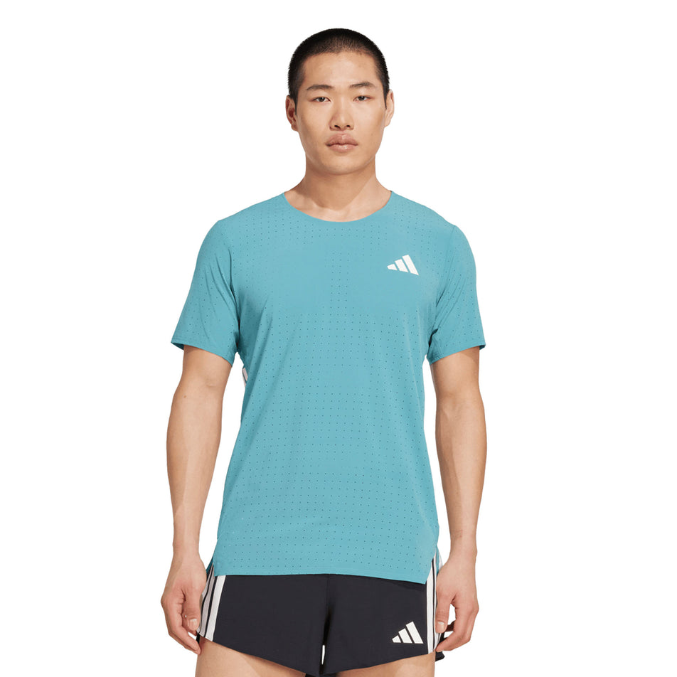 Front view of a model wearing the adidas Men's Adizero Tee in the Powder Teal colourway. (8663046881442)