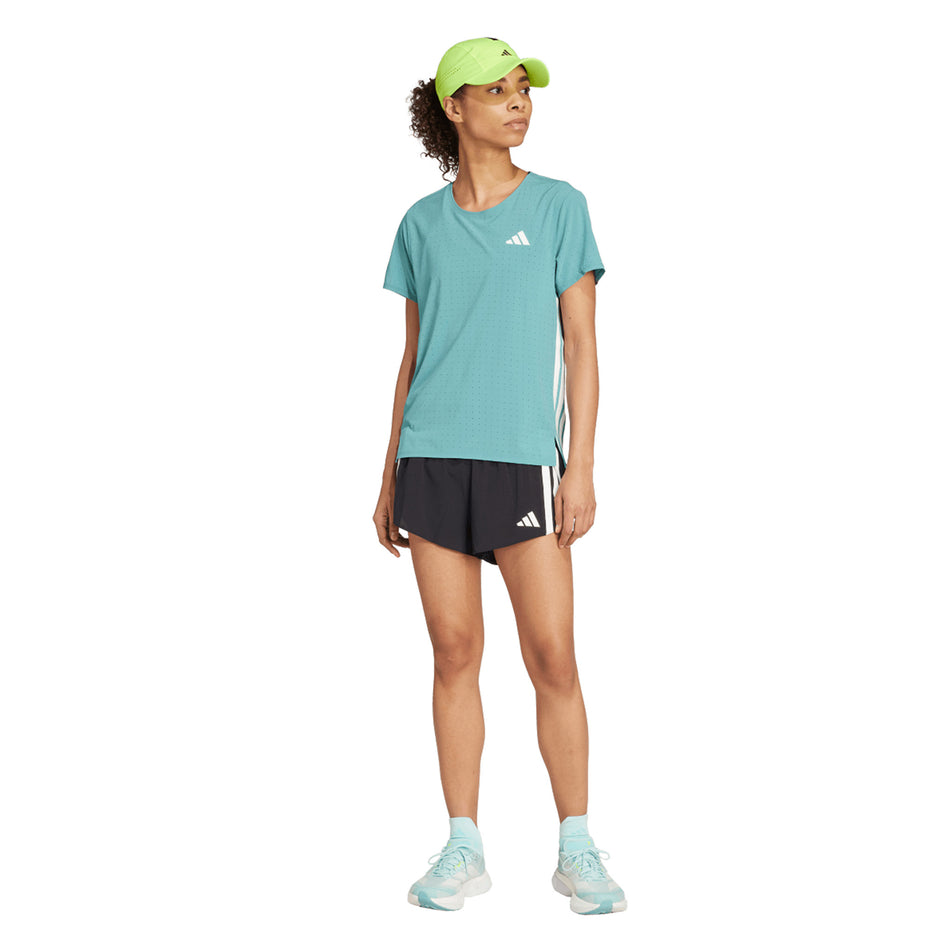 Front view of a model wearing the adidas Women's Adizero Tee in the Powder Teal colourway. (8665227231394)