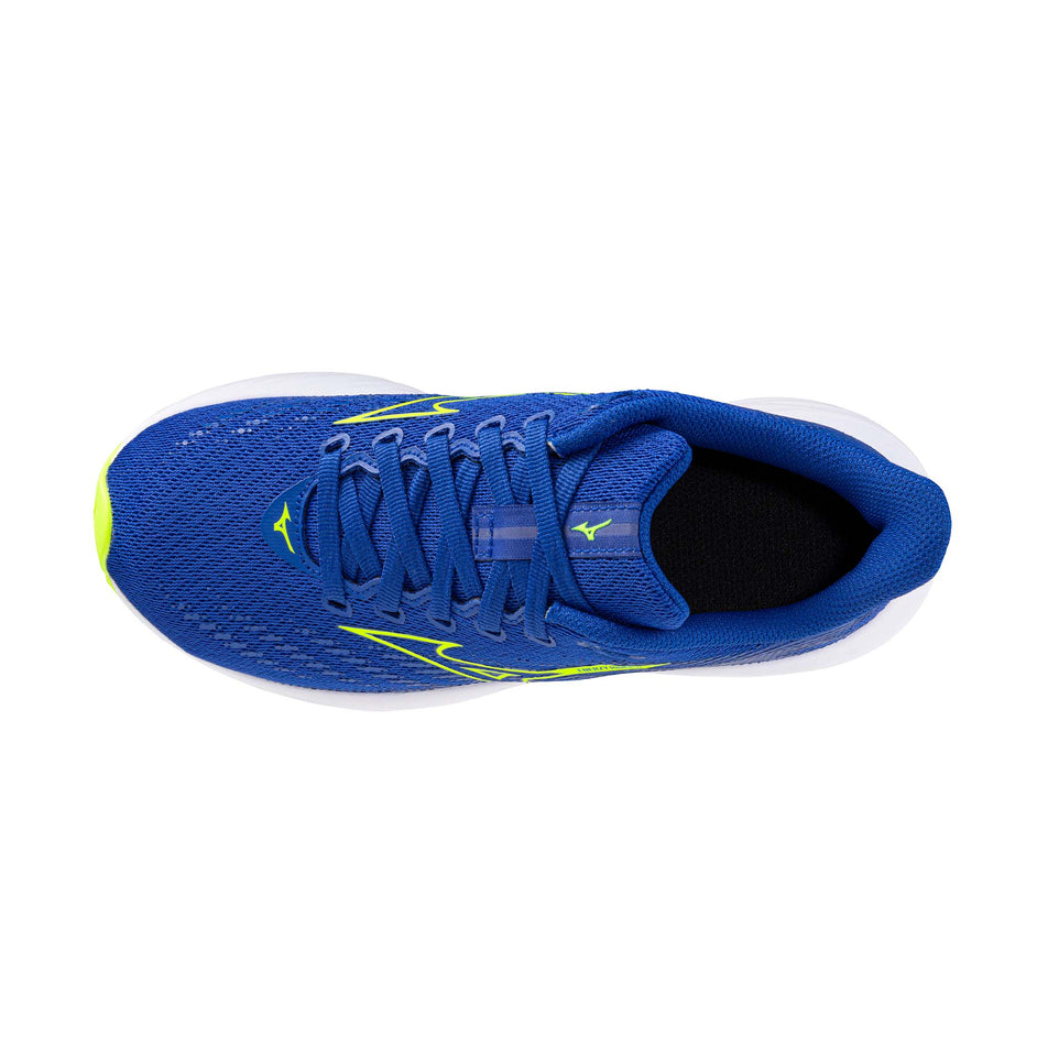 The upper of the left shoe from a pair of Mizuno Enerzy Rider Junior Running Shoes in the Surf the Web/Lighting Yellow colourway.