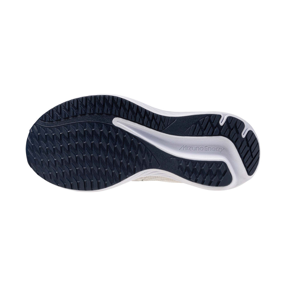 The outsole of the left shoe from a pair of Mizuno Enerzy Rider JR Running Shoes in the GF White/Dress Blues colourway.