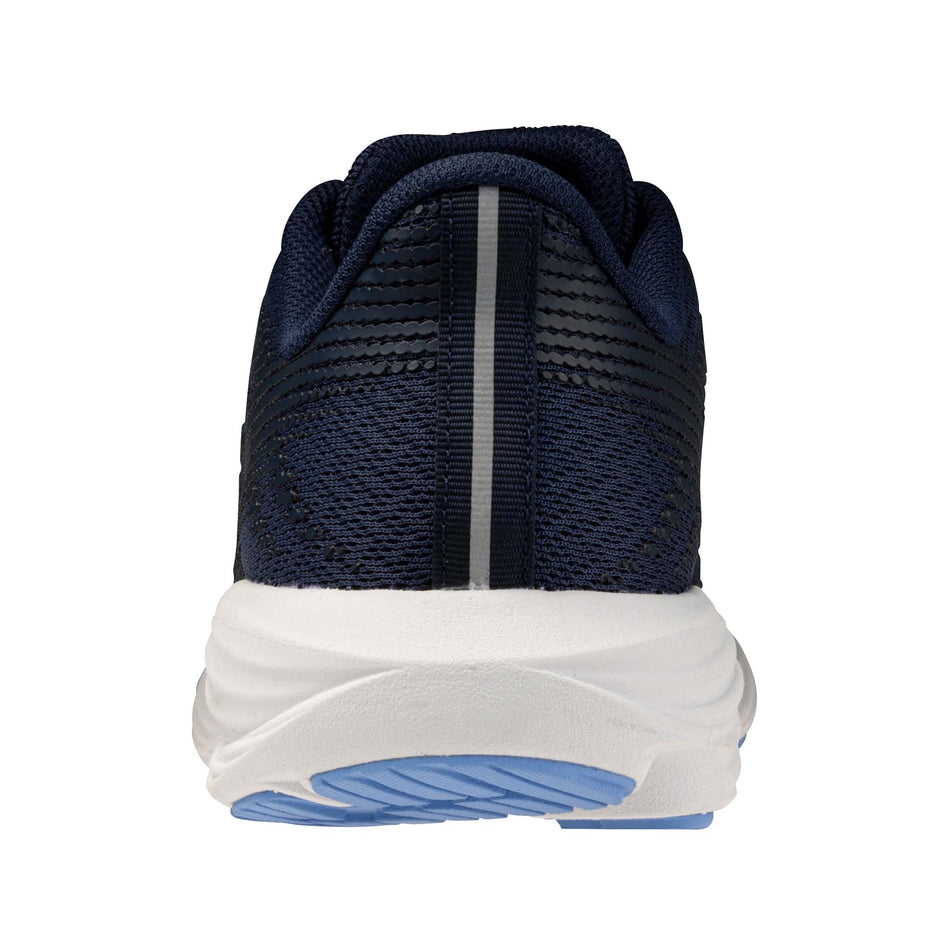 The back of the left shoe from a pair of Mizuno Enerzy Rider JR Running Shoes in the Dress Blues/Cornflower Blue/Cloudscape colourway.