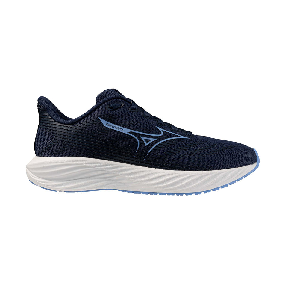 Lateral view of the right shoe from a pair of Mizuno Enerzy Rider JR Running Shoes in the Dress Blues/Cornflower Blue/Cloudscape colourway.