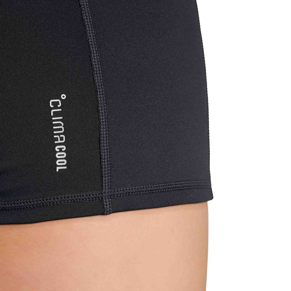 The CLIMACOOL branding on the side of the adidas Women's Adizero Short Leggings in the Black colourway.