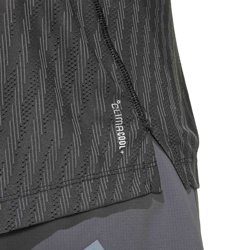 Close-up view of the ClimaCool+ branding on the adidas Men's adi365 Co Tee in the Black colourway.