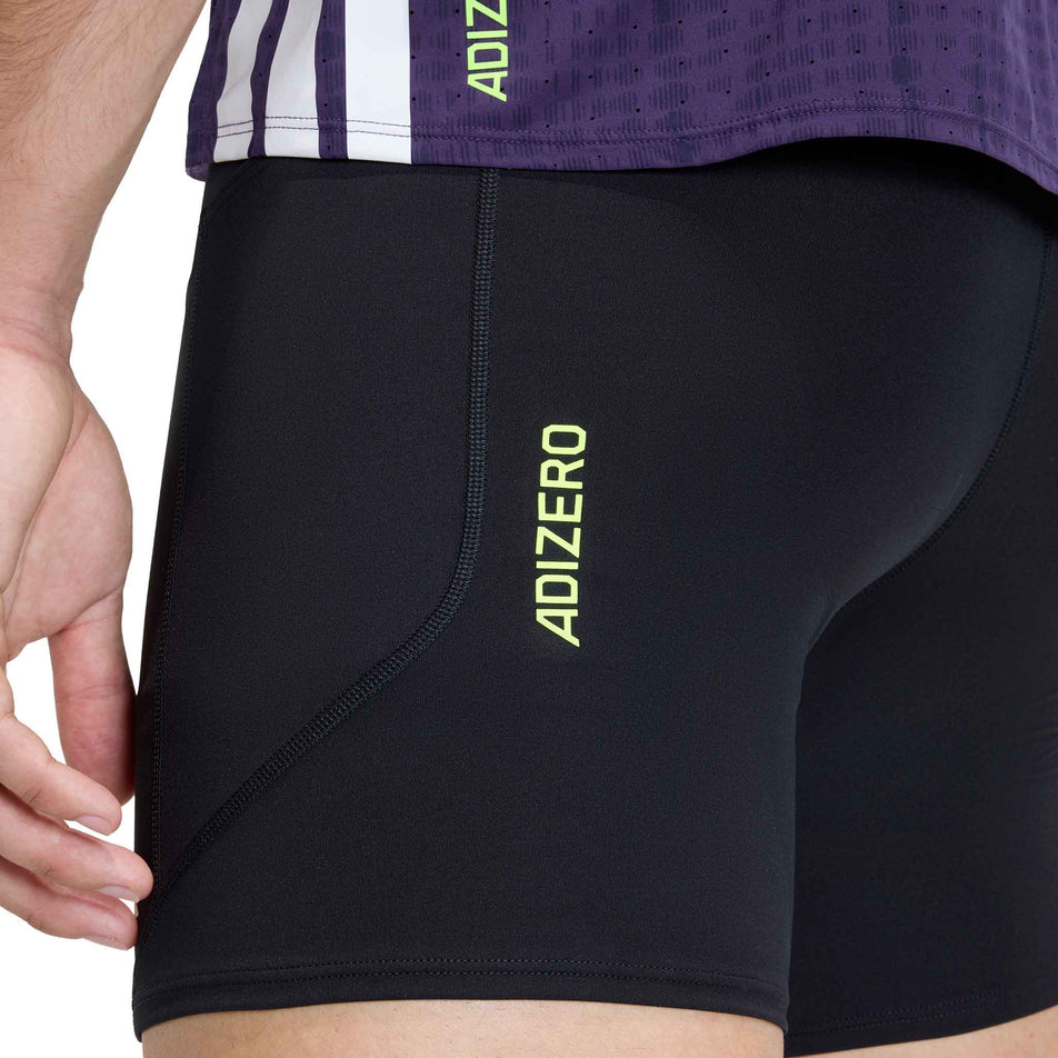 The Adizero branding on the adidas Men's Adizero Running Short Pocket Tights in the Black colourway.