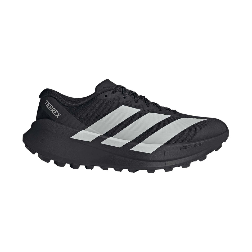 Lateral view of the right shoe from a pair of adidas Men's Terrex Agravic SL Running Shoes in the Core Black/Grey Two/Core Black colourway.