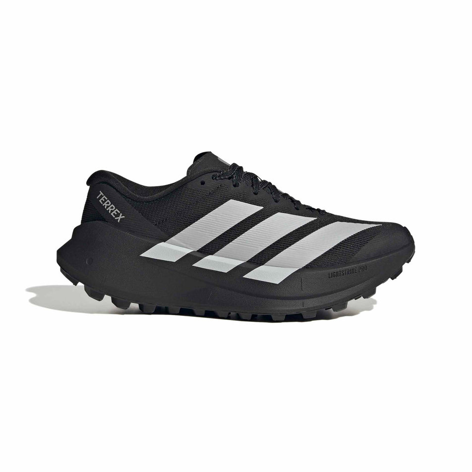 Lateral view of the right shoe from a pair of adidas Women's Terrex Agravic SL Running Shoes in the Core Black/Grey Two/Core Black colourway.
