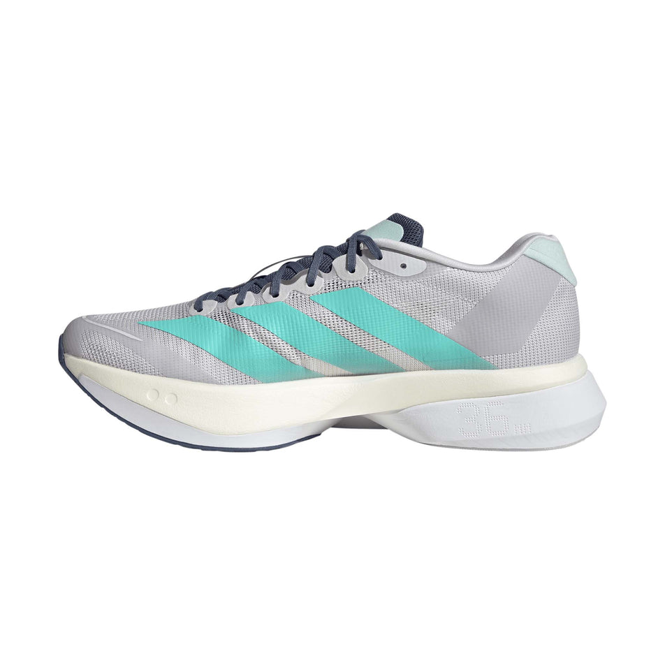 Medial view of the right shoe from a pair of adidas Men's Adizero Boston 13 Running Shoes in the Dash Grey/Flash Aqua/Halo Mint colourway.