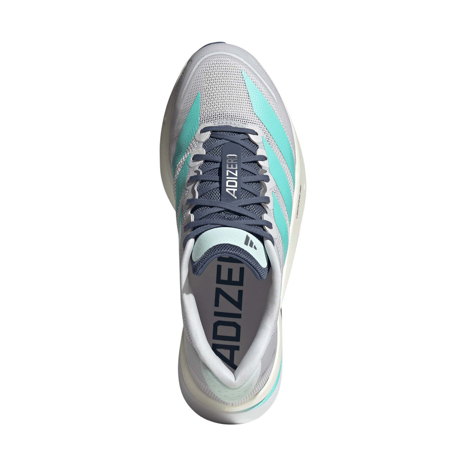 The upper of the right shoe from a pair of adidas Men's Adizero Boston 13 Running Shoes in the Dash Grey/Flash Aqua/Halo Mint colourway.