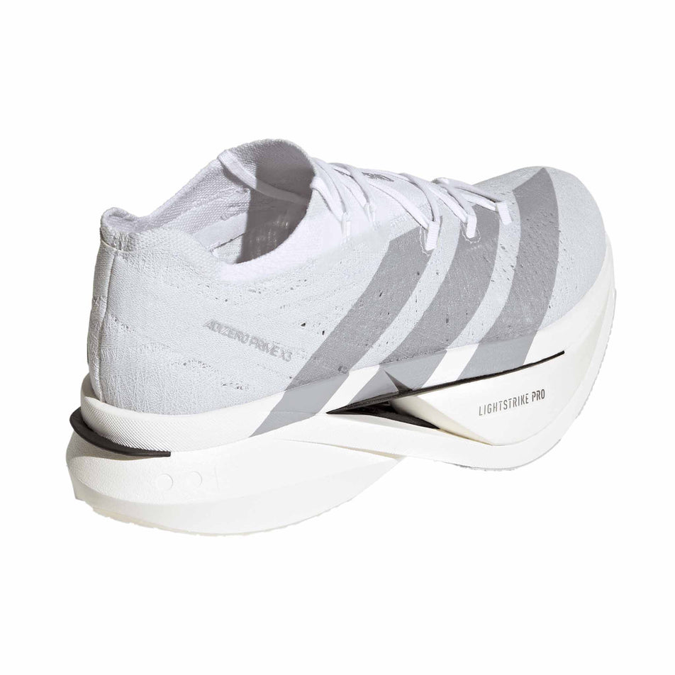 Lateral view of the right shoe from a pair of adidas Unisex Adizero Prime X3 Strung Running Shoes in the Ftwr White/Dash Grey/Grey Three colourway.