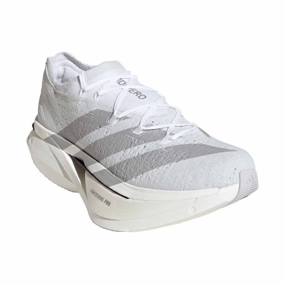 Lateral view of the right shoe from a pair of adidas Unisex Adizero Prime X3 Strung Running Shoes in the Ftwr White/Dash Grey/Grey Three colourway.