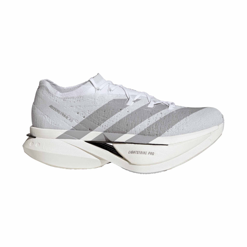 Lateral view of the right shoe from a pair of adidas Unisex Adizero Prime X3 Strung Running Shoes in the Ftwr White/Dash Grey/Grey Three colourway.