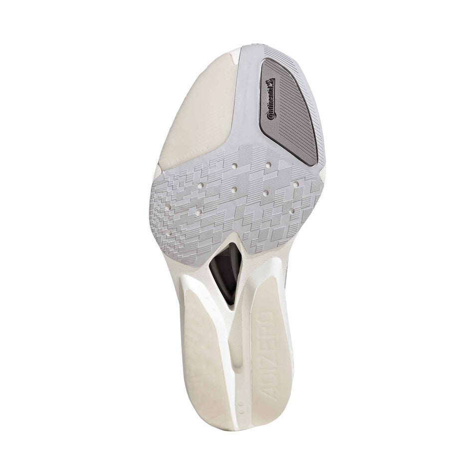 The outsole of the right shoe from a pair of adidas Unisex Adizero Prime X3 Strung Running Shoes in the Ftwr White/Dash Grey/Grey Three colourway.