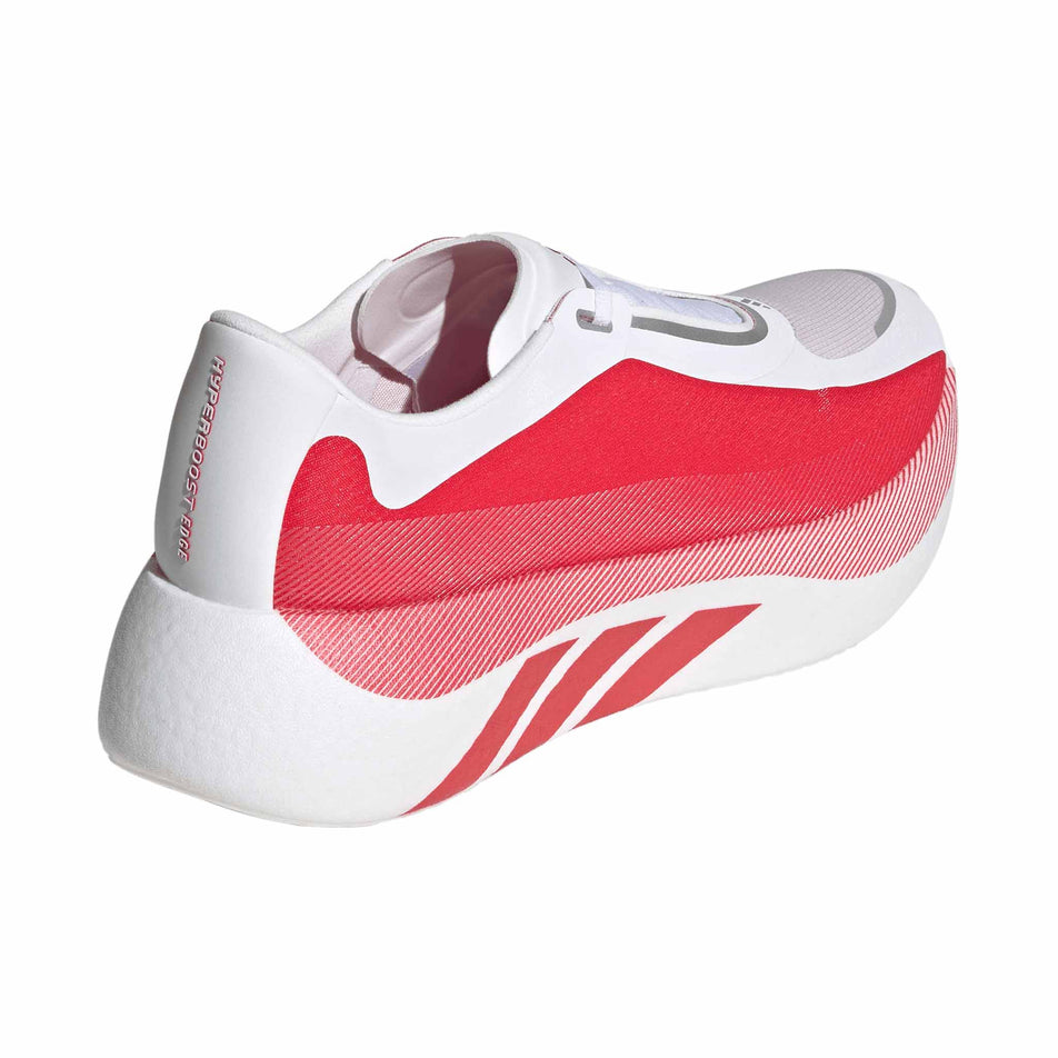 Lateral view of the right shoe from a pair of adidas Men's Hyperboost Edge Running Shoes in the Ftwr White/Pure Ruby/Zero Met. colourway.