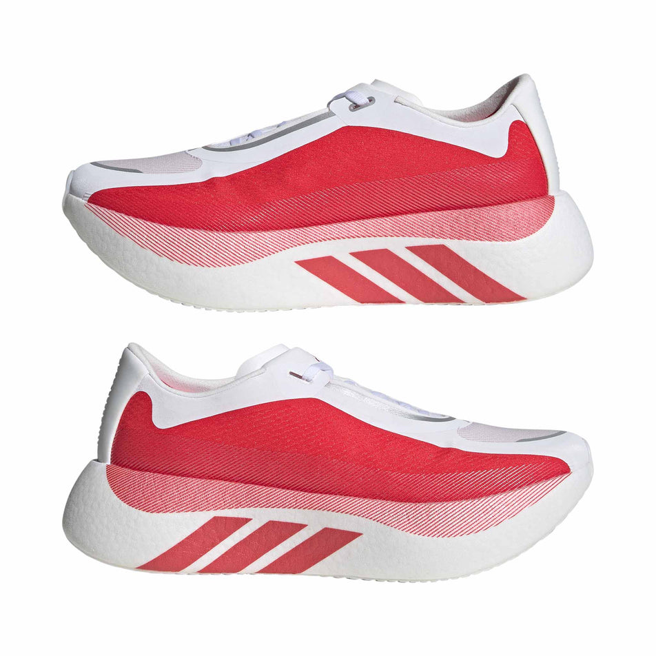 A pair of adidas Men's Hyperboost Edge Running Shoes in the Ftwr White/Pure Ruby/Zero Met. colourway.