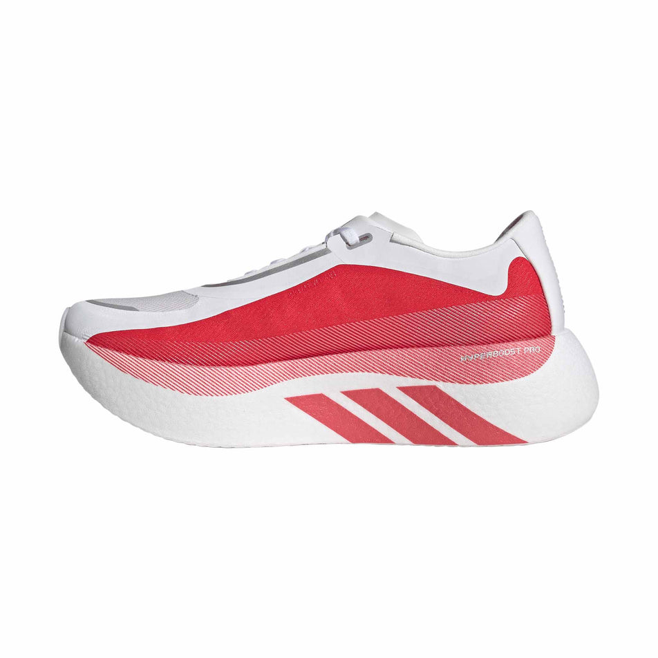 Medial view of the right shoe from a pair of adidas Men's Hyperboost Edge Running Shoes in the Ftwr White/Pure Ruby/Zero Met. colourway.