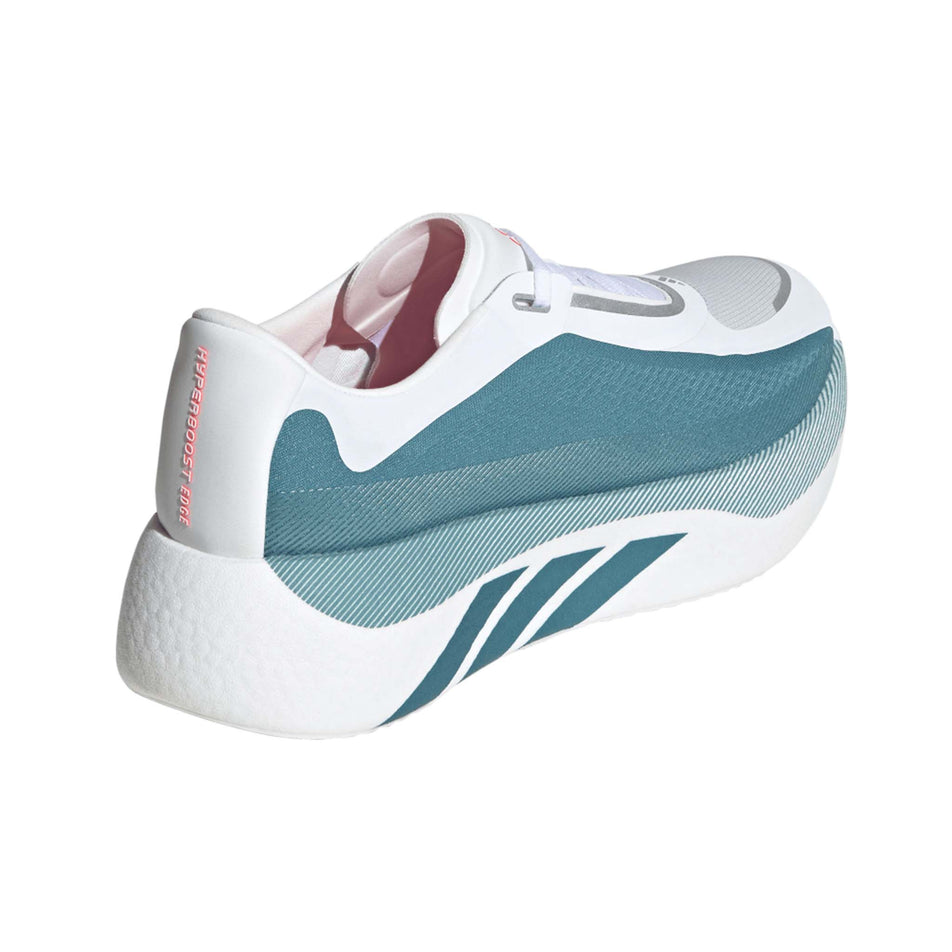 Lateral view of the right shoe from a pair of adidas Men's Hyperboost Edge Running Shoes in the Ftwr White/Petrol Met./Lucid Red colourway.