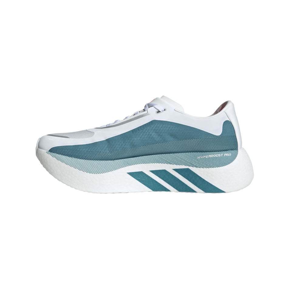 Medial view of the right shoe from a pair of adidas Men's Hyperboost Edge Running Shoes in the Ftwr White/Petrol Met./Lucid Red colourway.