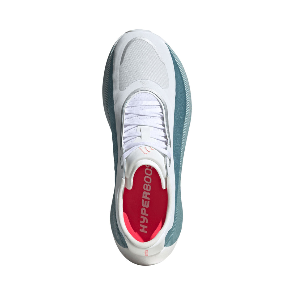 The upper of the right shoe from a pair of adidas Men's Hyperboost Edge Running Shoes in the Ftwr White/Petrol Met./Lucid Red colourway.