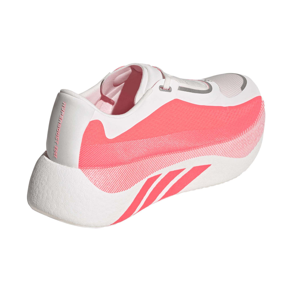 Lateral view of the right shoe from a pair of adidas Women's Hyperboost Edge Running Shoes in the Hyper White/Solar Turbo/Solar Turbo colourway.